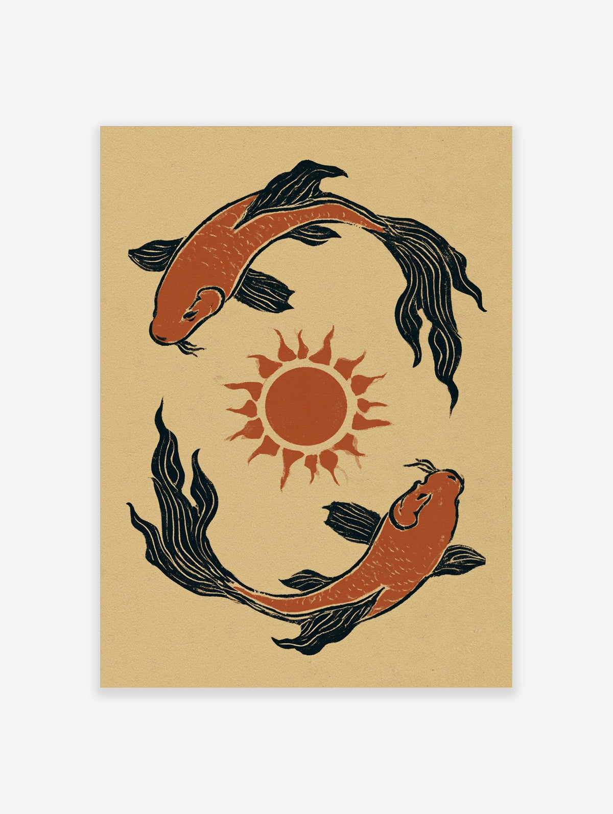 Illustrative koi fish wall art with two fish circling a central sun in orange and black on a textured tan background