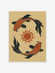 Illustrative koi fish wall art with two fish circling a central sun in orange and black on a textured tan background