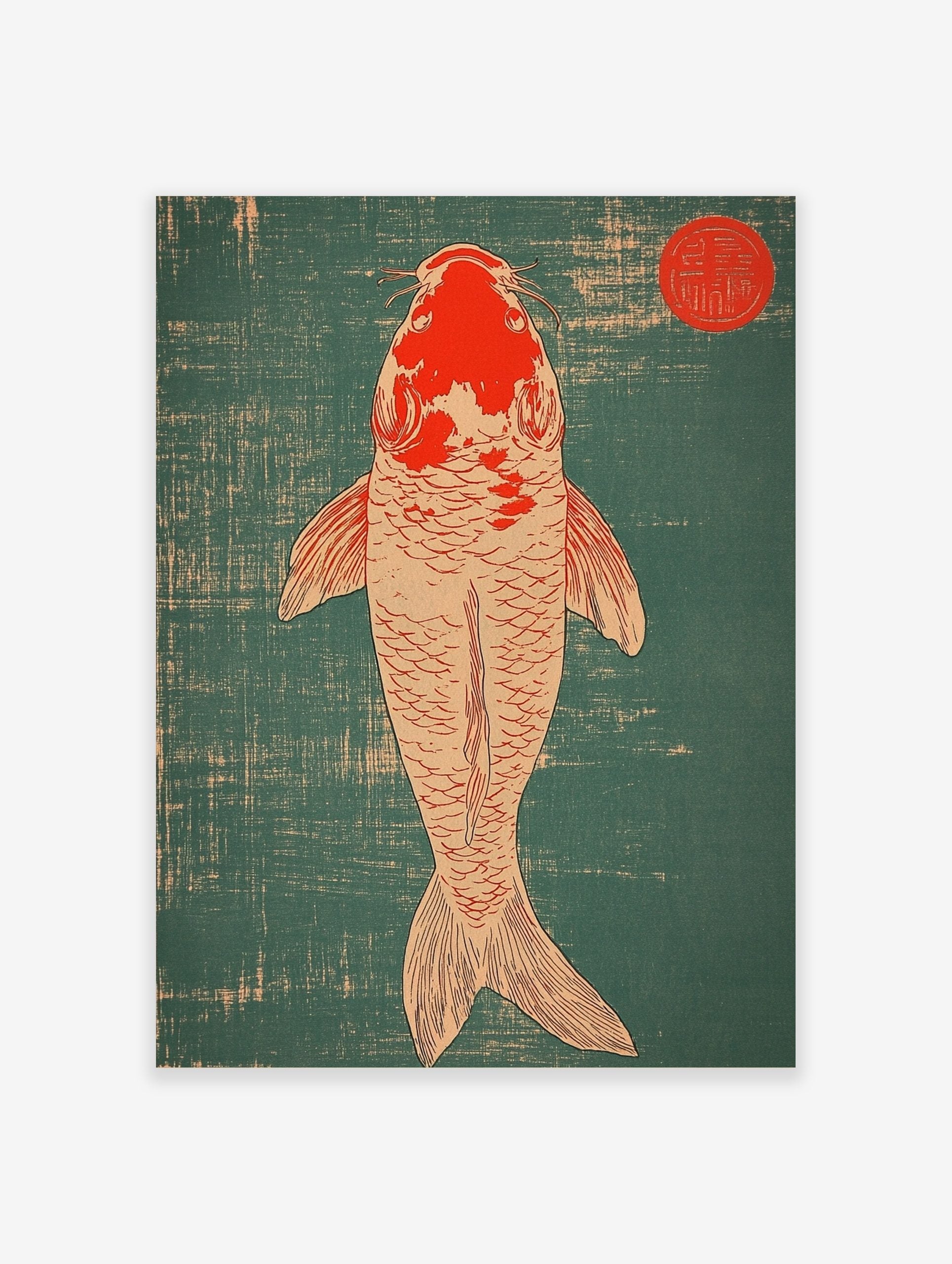 Top-down view of a red and off-white Koi fish against a teal textured background with a red circular seal