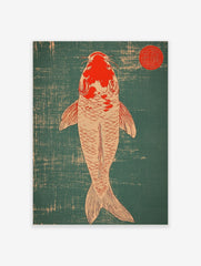 Top-down view of a red and off-white Koi fish against a teal textured background with a red circular seal