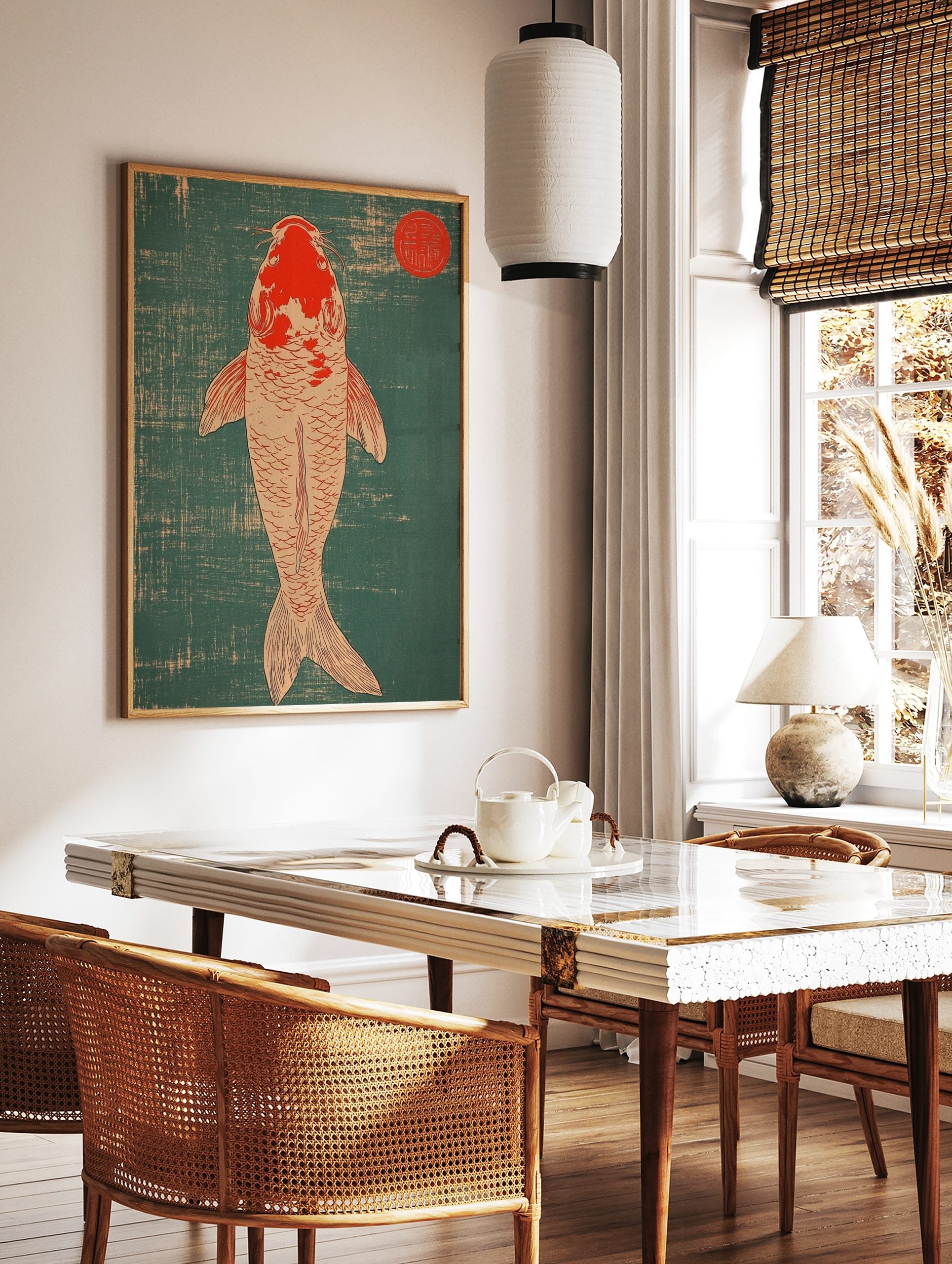 Top-down view of a red and off-white Koi fish against a teal textured background with a red, in a styled room mockup