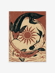 Koi fish wall art featuring three fish circling a red sun in a black and terracotta illustrative woodcut style