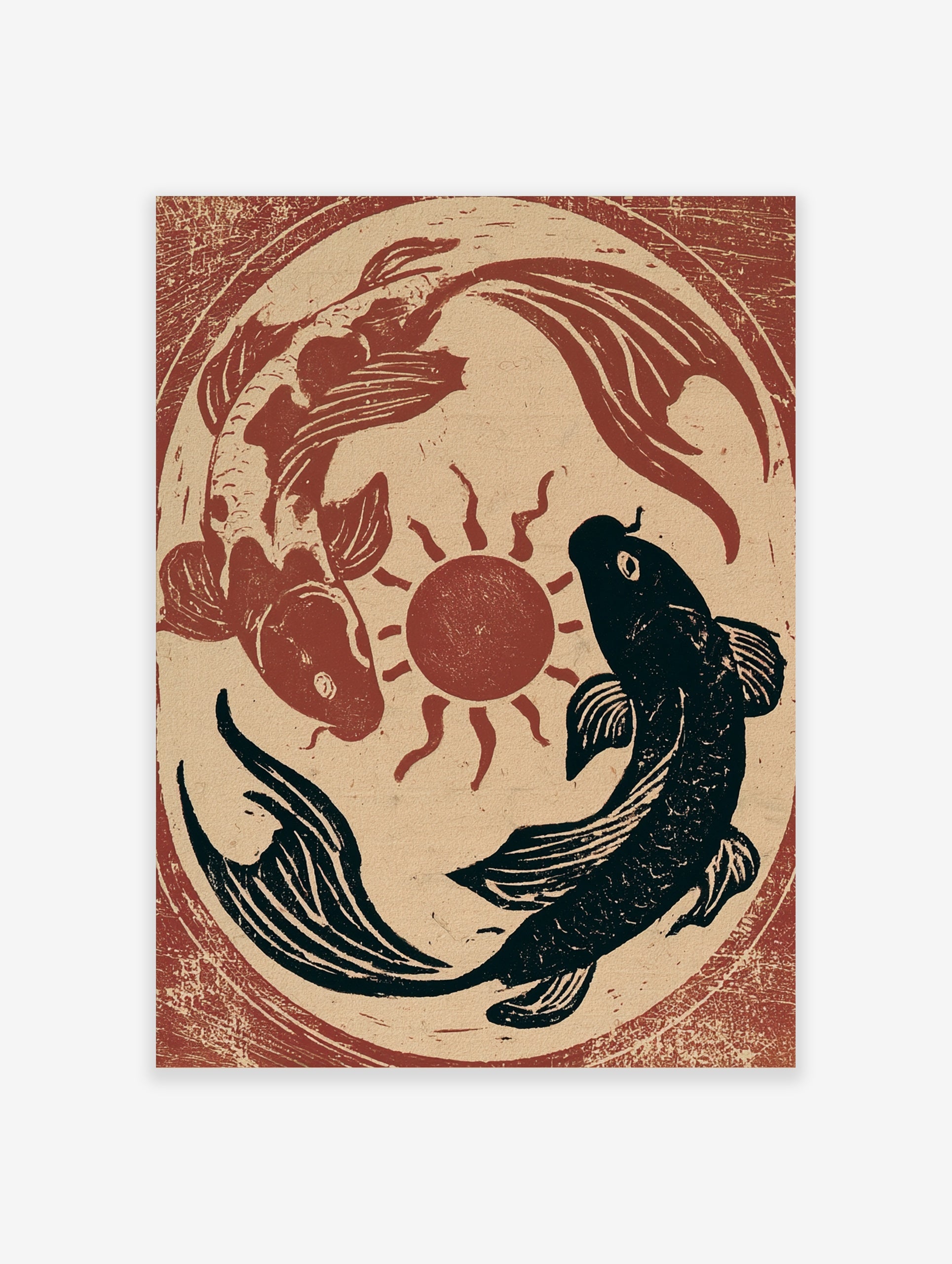 Japanese-style koi fish art print with red and black fish circling a central sun on a textured beige background