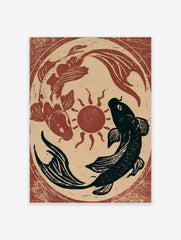 Japanese-style koi fish art print with red and black fish circling a central sun on a textured beige background