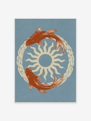 Illustrative koi fish swimming in a circle around a central sun, cream and orange on dusty blue background wall art