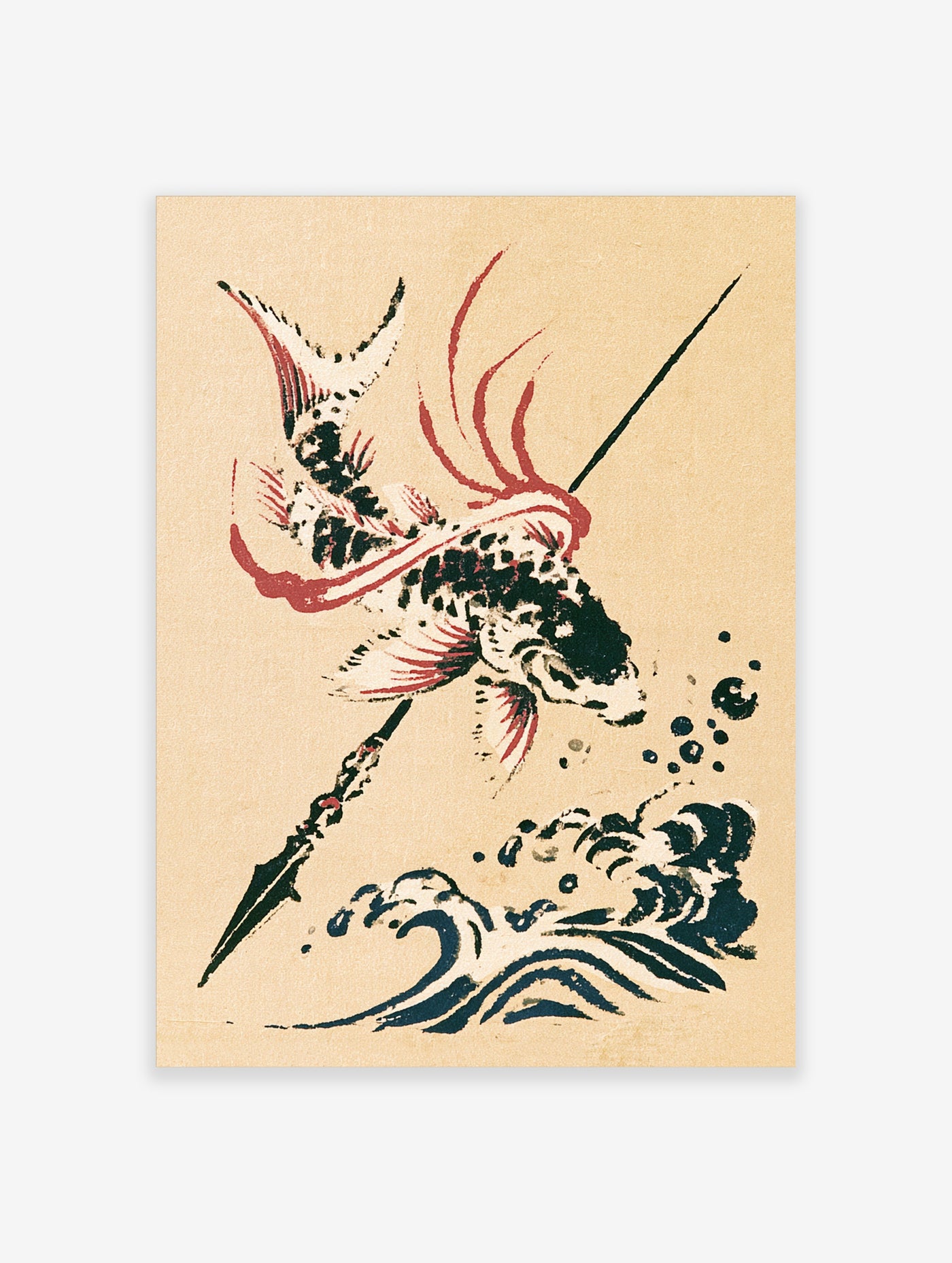 Koi fish jumping over water waves with spear and ink splatters, red and black on beige background, Japanese art print