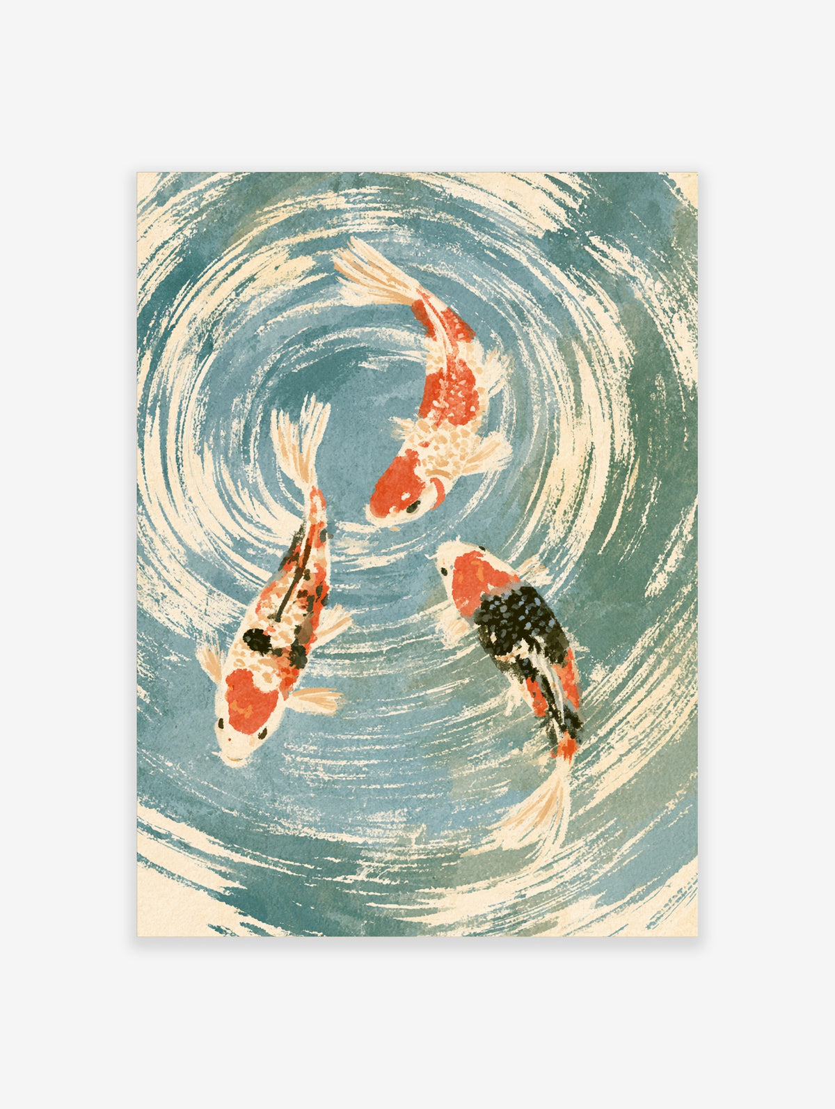 Three koi carp in red, white and black circling blue water ripples in a Japanese-style art print