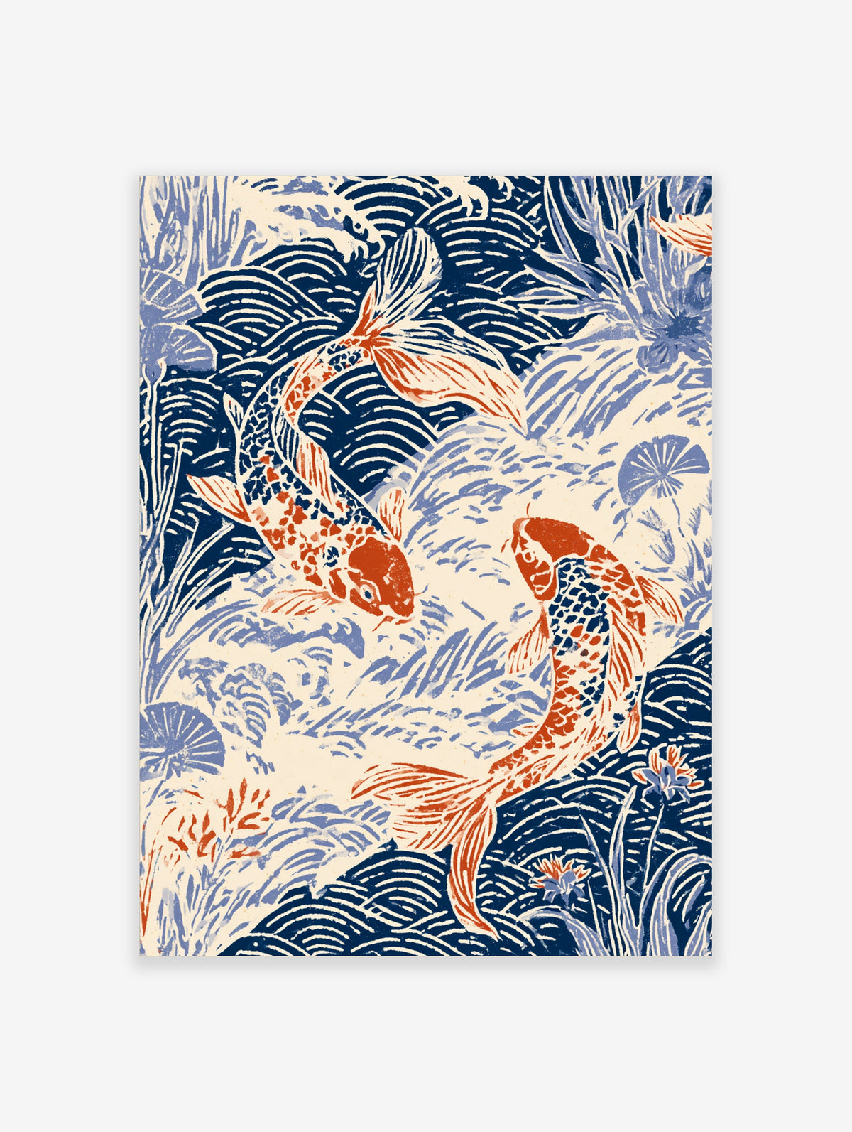 Koi fish art print with two orange and blue carp swimming among stylised waves and lily pads