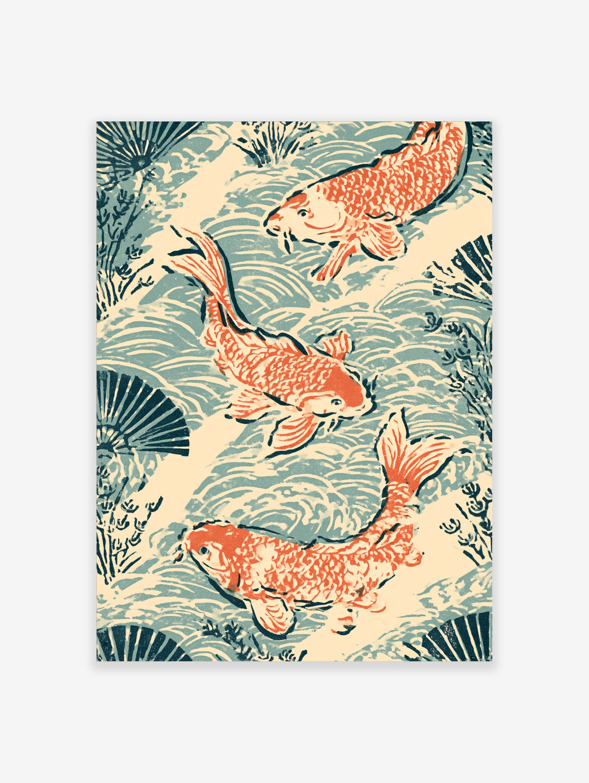 Koi fish art print with three orange carp swimming in blue wave patterns and dark plants