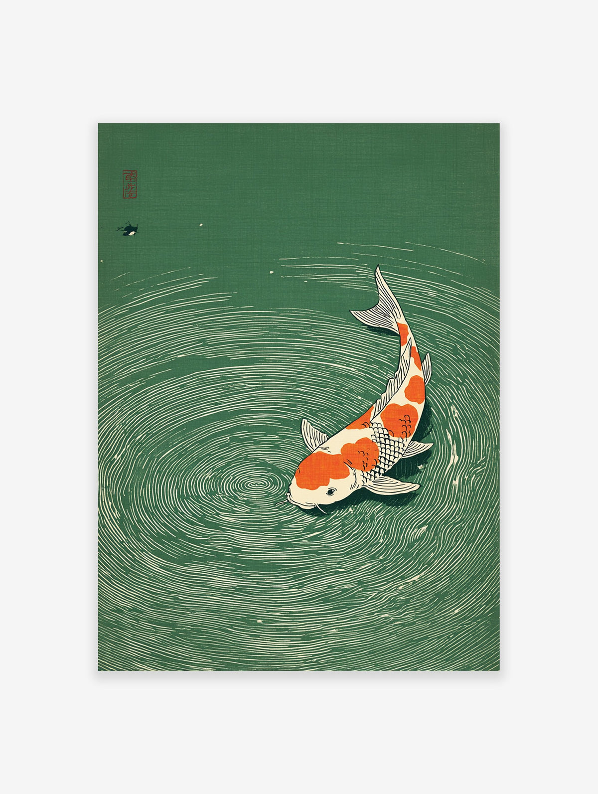 Japanese woodblock print of an orange and white Koi fish swimming in green water with ripples, a traditional Asian art piece.