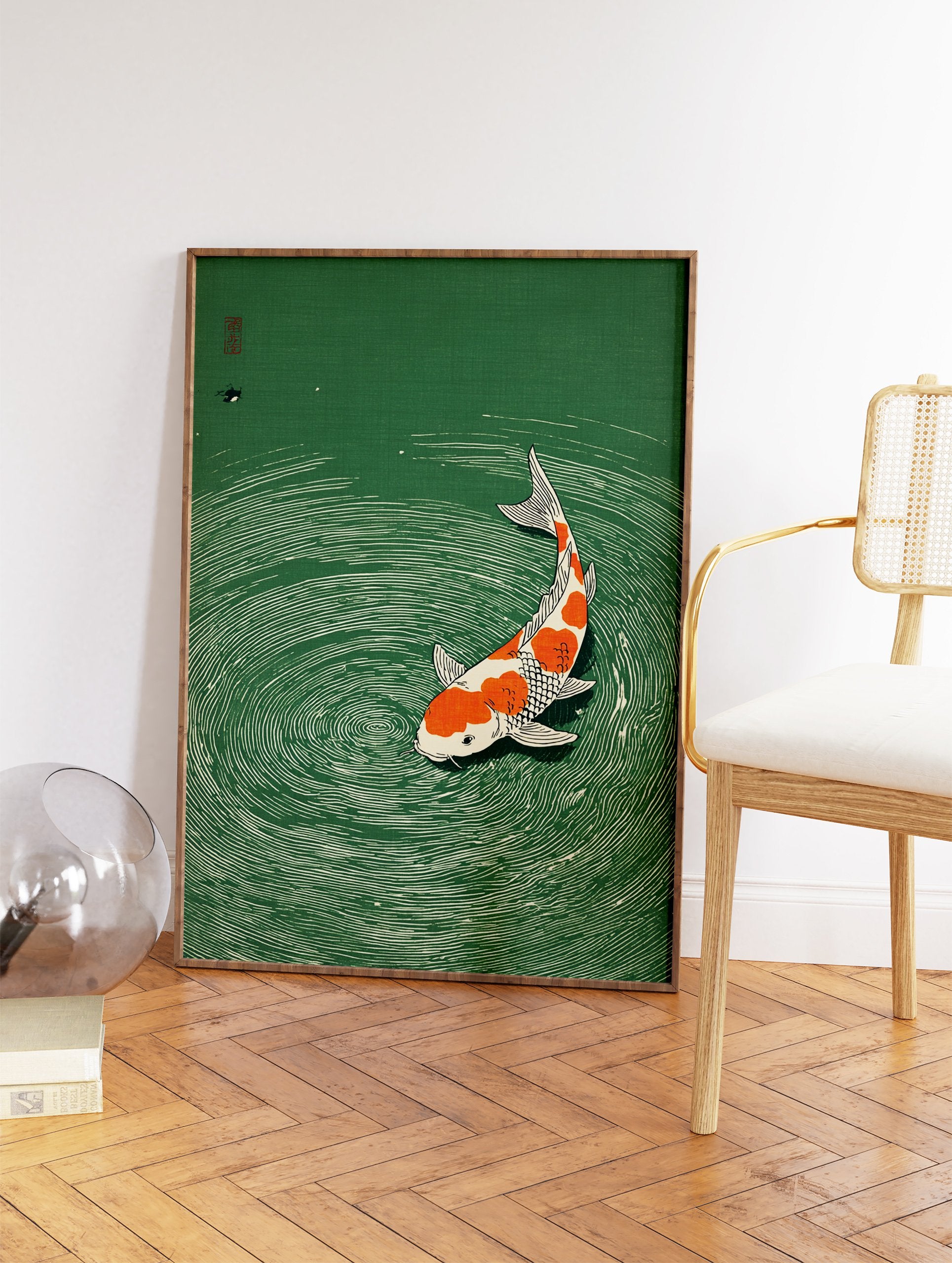 Japanese woodblock print of an orange and white Koi fish swimming in green water with ripples, a traditional Asian art piece. - Image 2