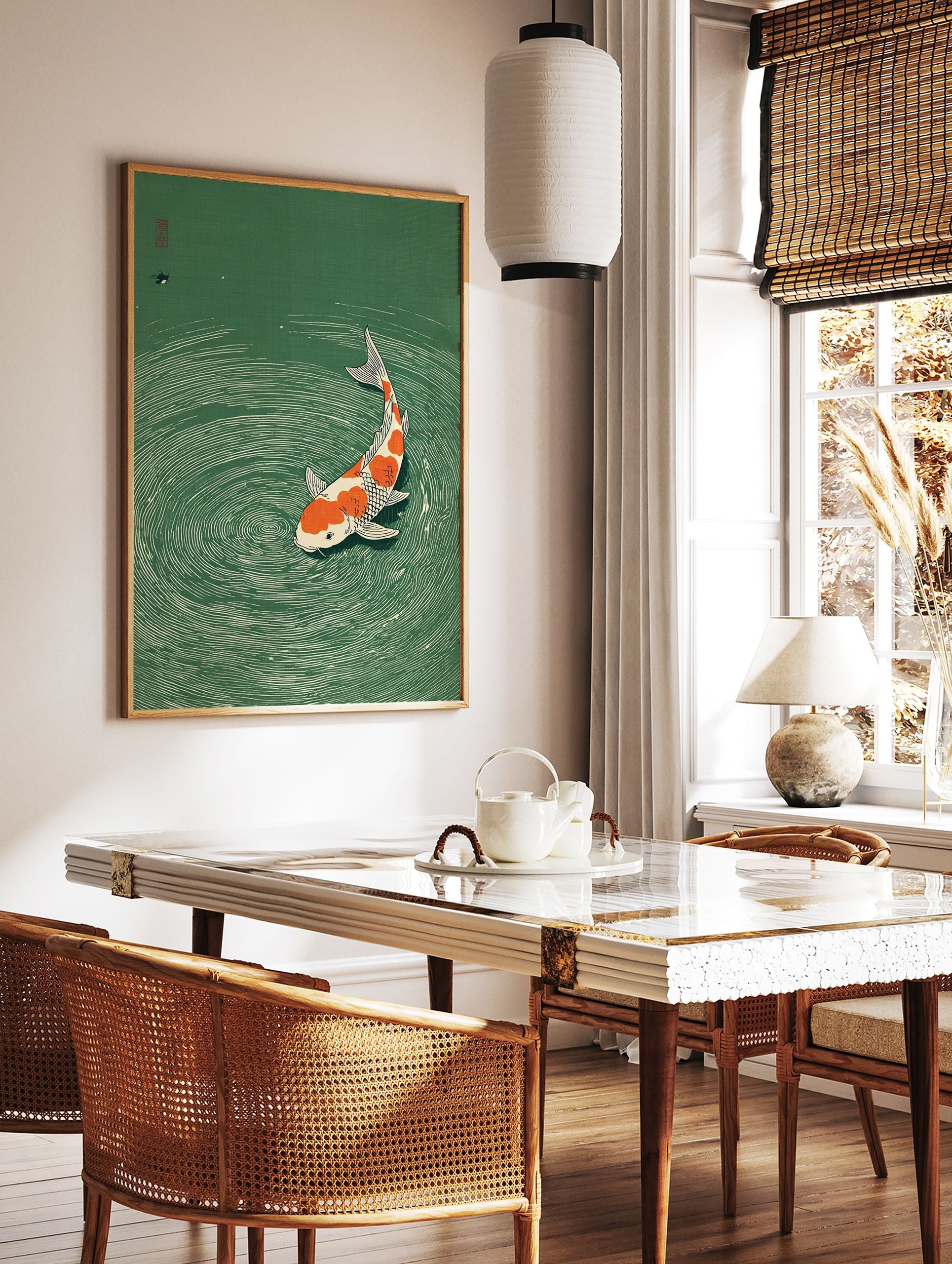 Japanese woodblock print of an orange and white Koi fish swimming in green water with ripples, a traditional Asian art piece. - Image 3