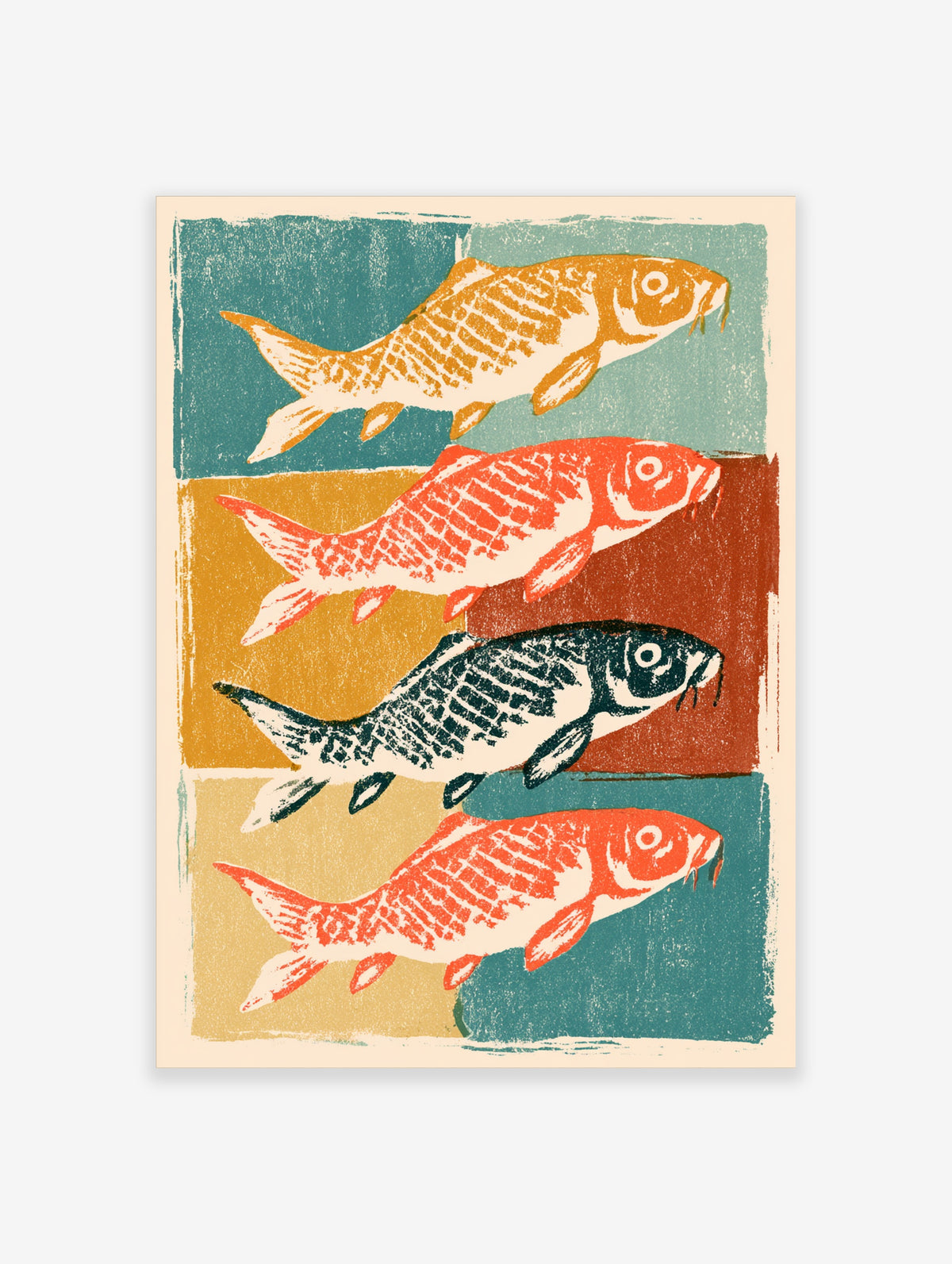 Four koi fish woodblock style art print in orange, red, black and teal on cream background