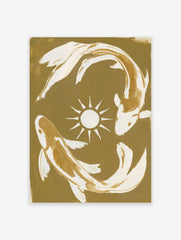 Koi fish wall art featuring two fish in a circular motion around a sun symbol on a tan and gold background