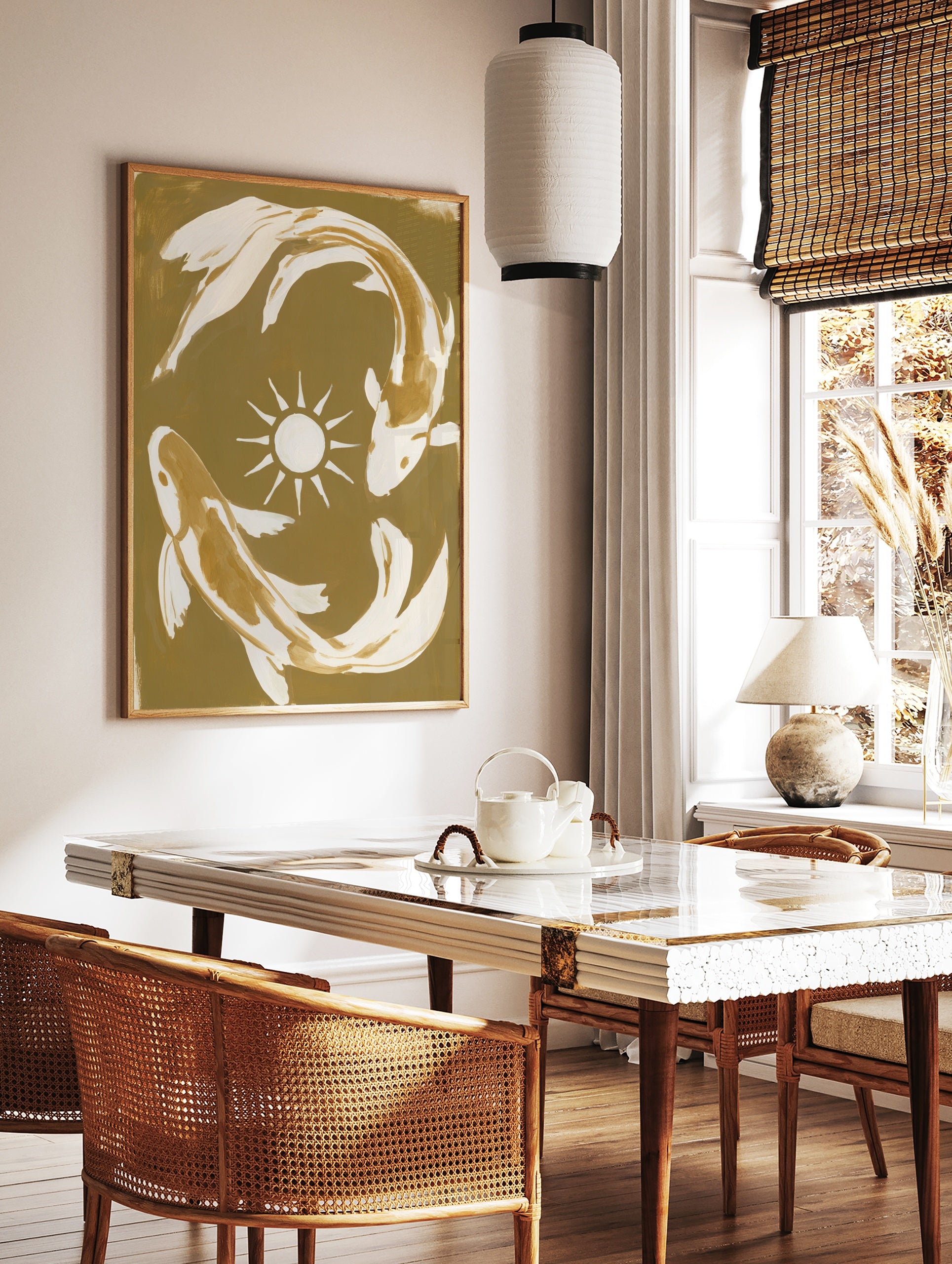 Koi fish wall art featuring two fish in a circular motion around a sun symbol on a tan and gold, in a styled room mockup