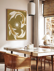 Koi fish wall art featuring two fish in a circular motion around a sun symbol on a tan and gold, in a styled room mockup