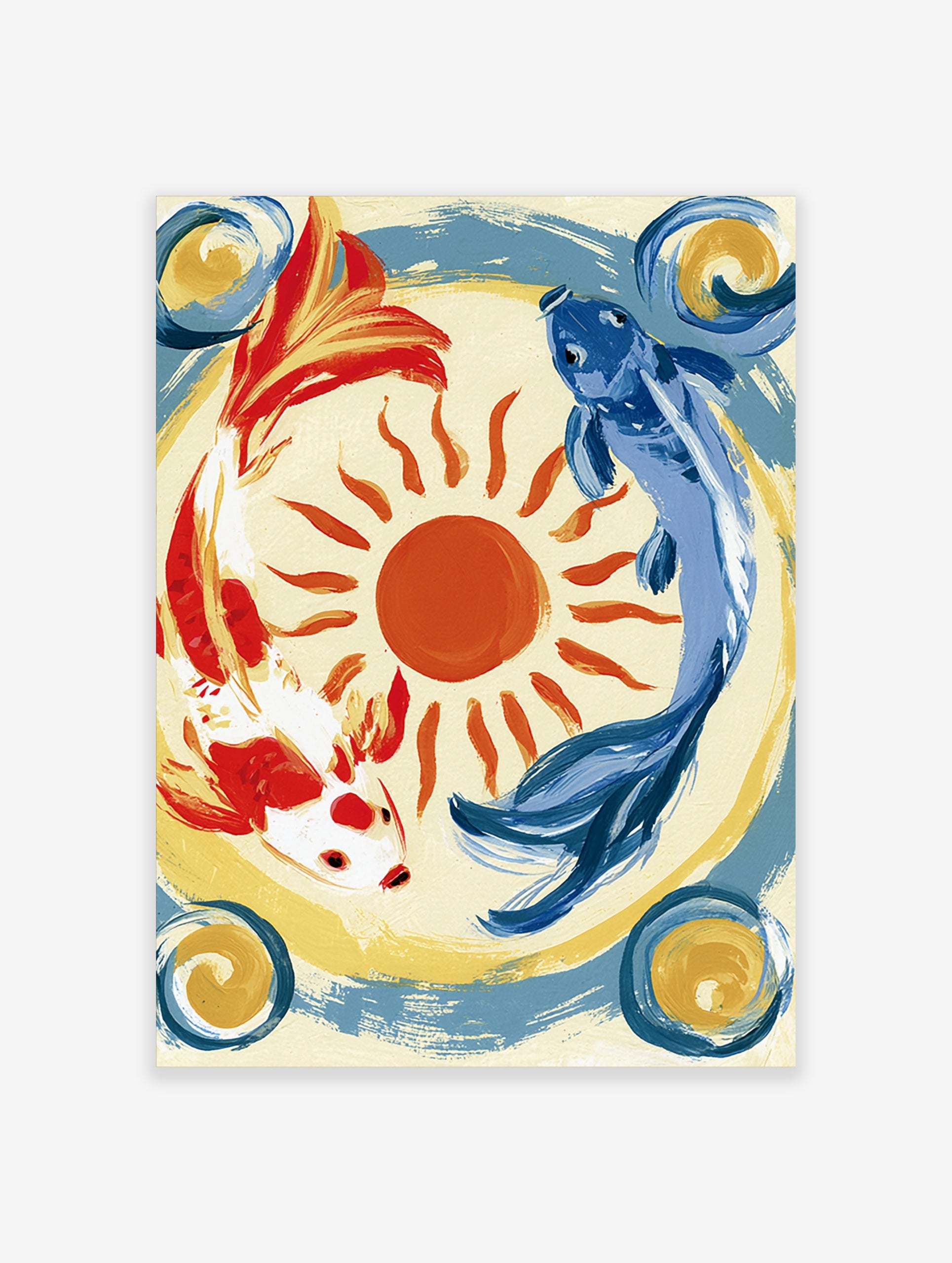 Koi fish wall art featuring red and blue koi circling a sun on a cream background with blue and gold swirl accents