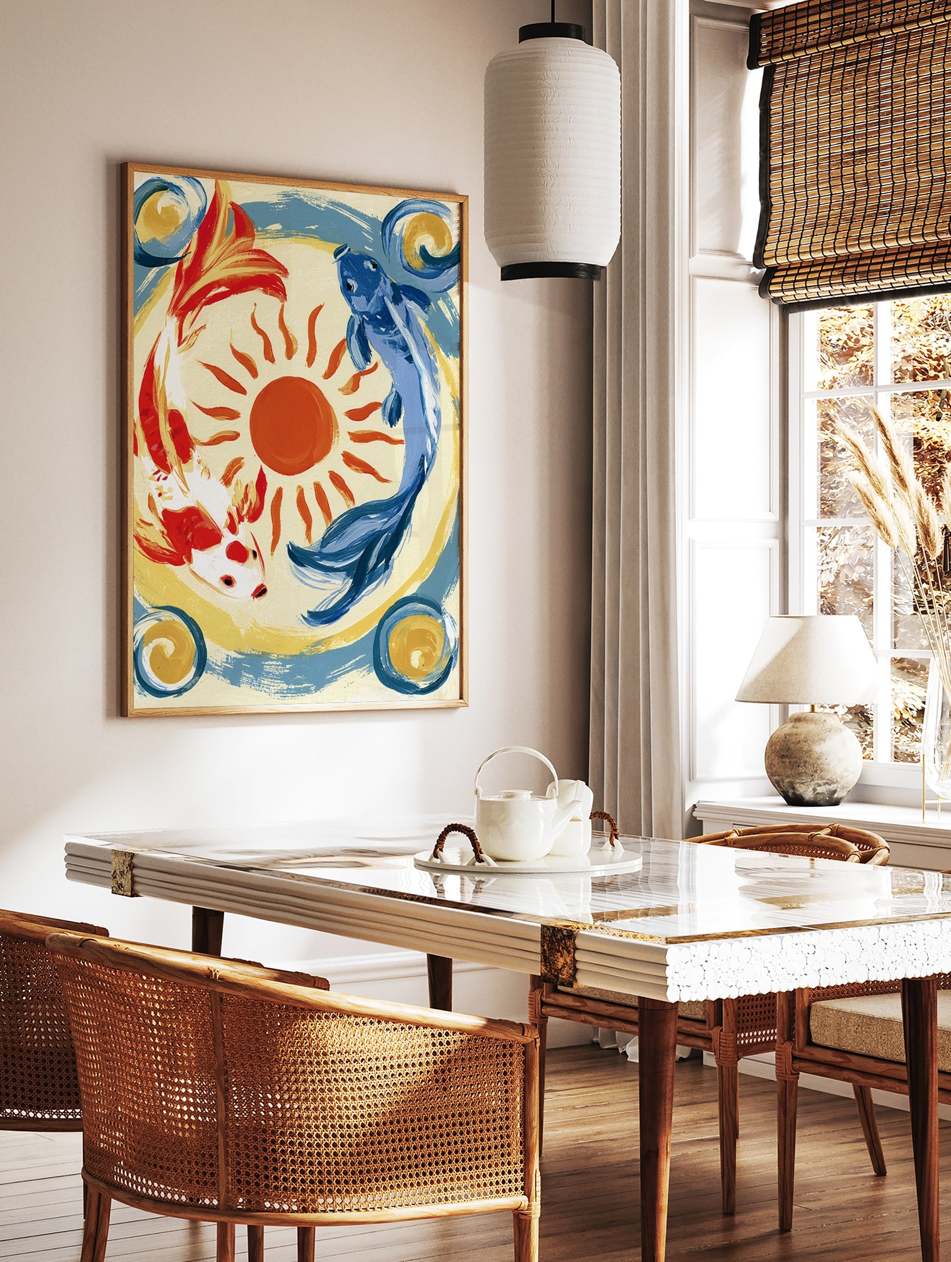 Koi fish wall art featuring red and blue koi circling a sun on a cream background with blue and, in a styled room mockup
