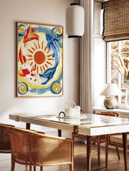 Koi fish wall art featuring red and blue koi circling a sun on a cream background with blue and, in a styled room mockup