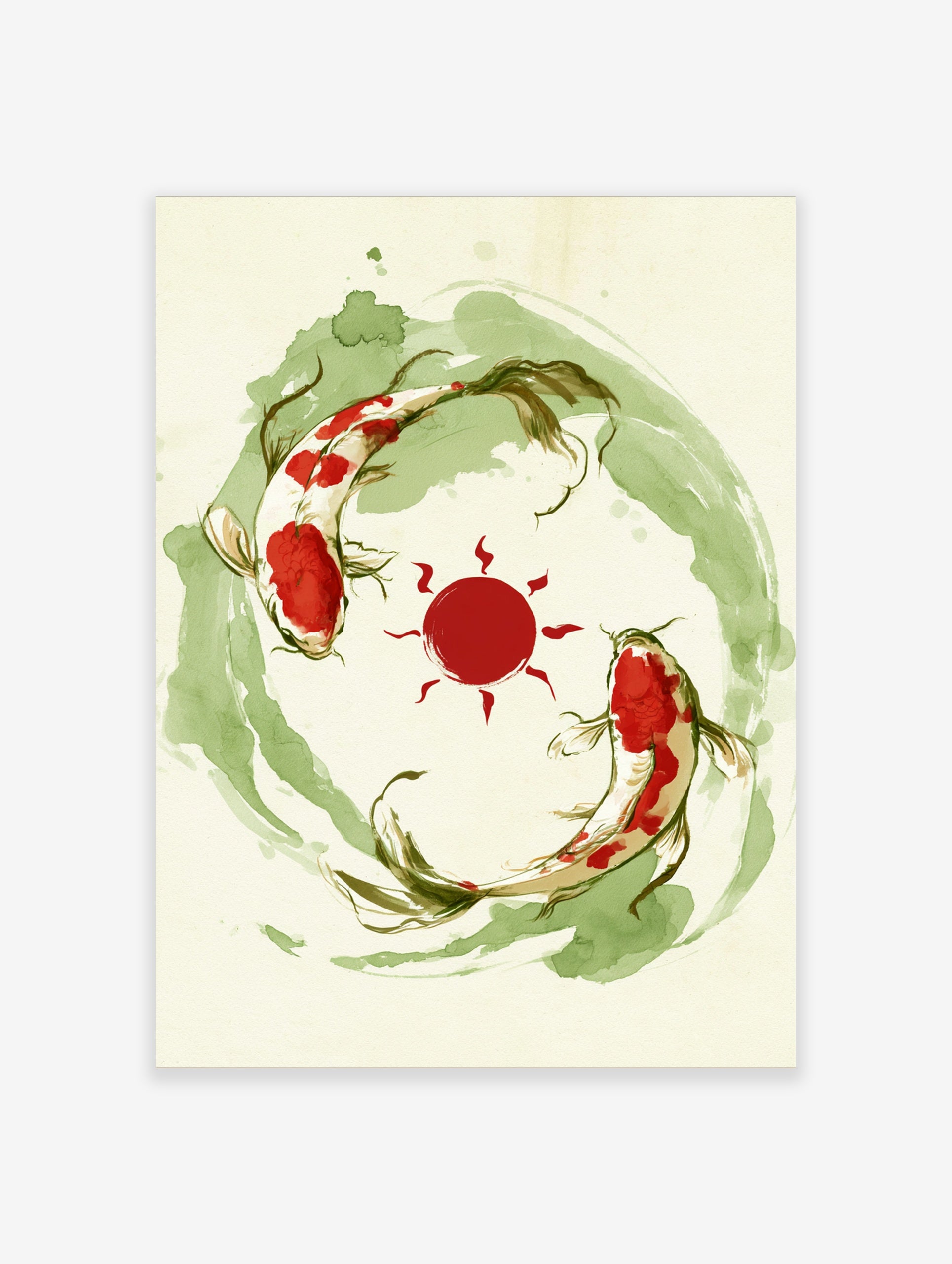 Koi fish wall art print featuring two fish swimming around a red sun with green watercolour wash on paper
