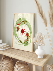 Koi fish wall art print featuring two fish swimming around a red sun with green watercolour, in an alternate framed mockup