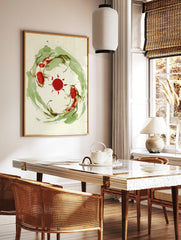 Koi fish wall art print featuring two fish swimming around a red sun with green watercolour wash on, in a styled room mockup