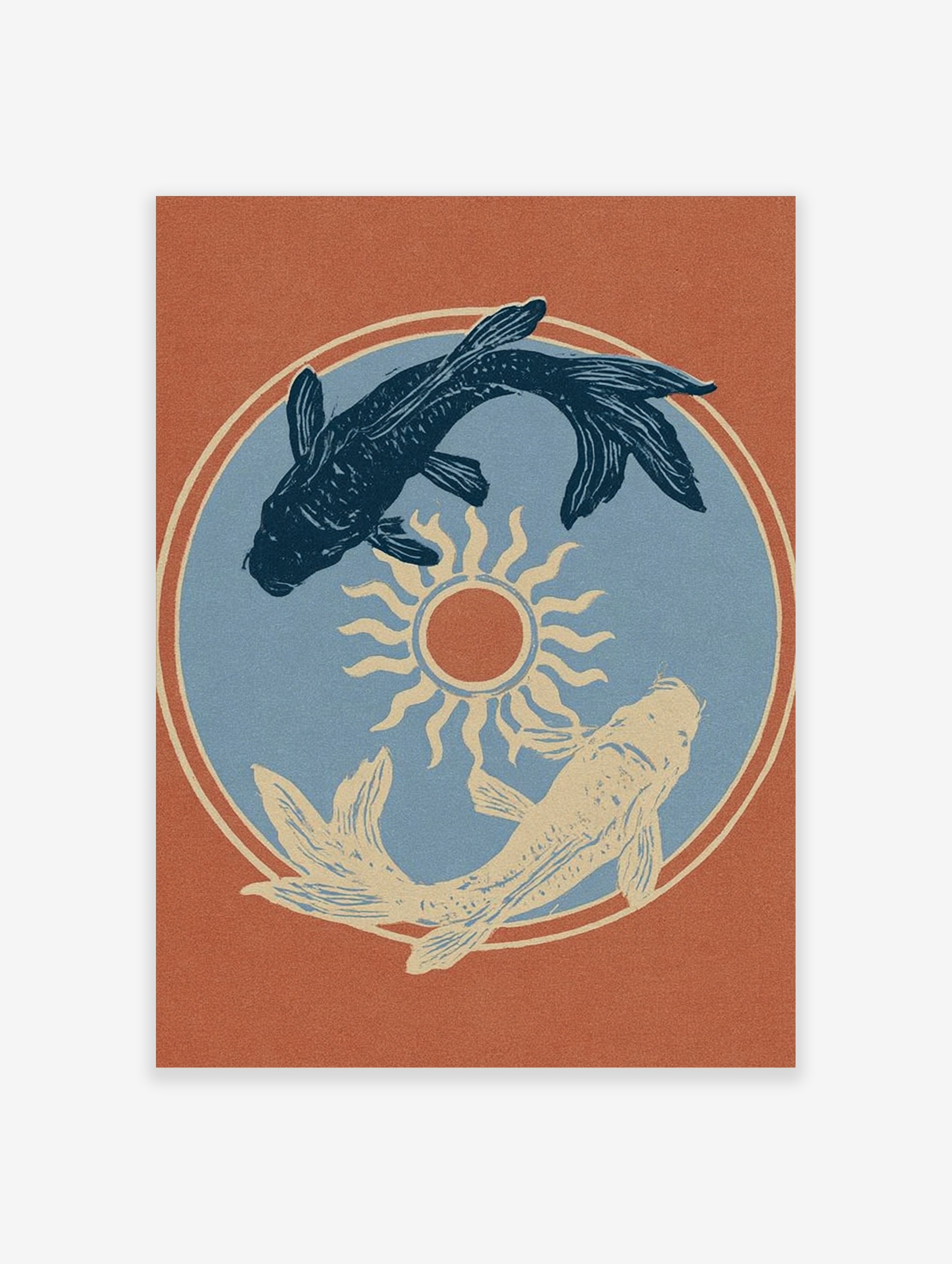 Koi fish yin yang composition with a central sun illustration on a terracotta orange background