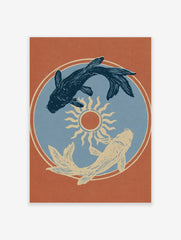 Koi fish yin yang composition with a central sun illustration on a terracotta orange background