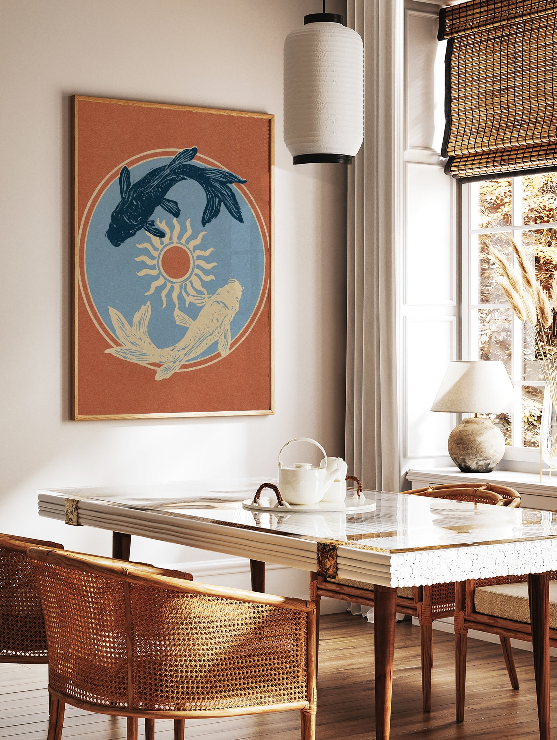 Koi fish yin yang composition with a central sun illustration on a terracotta orange background, in a styled room mockup
