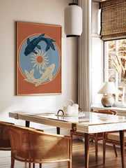 Koi fish yin yang composition with a central sun illustration on a terracotta orange background, in a styled room mockup