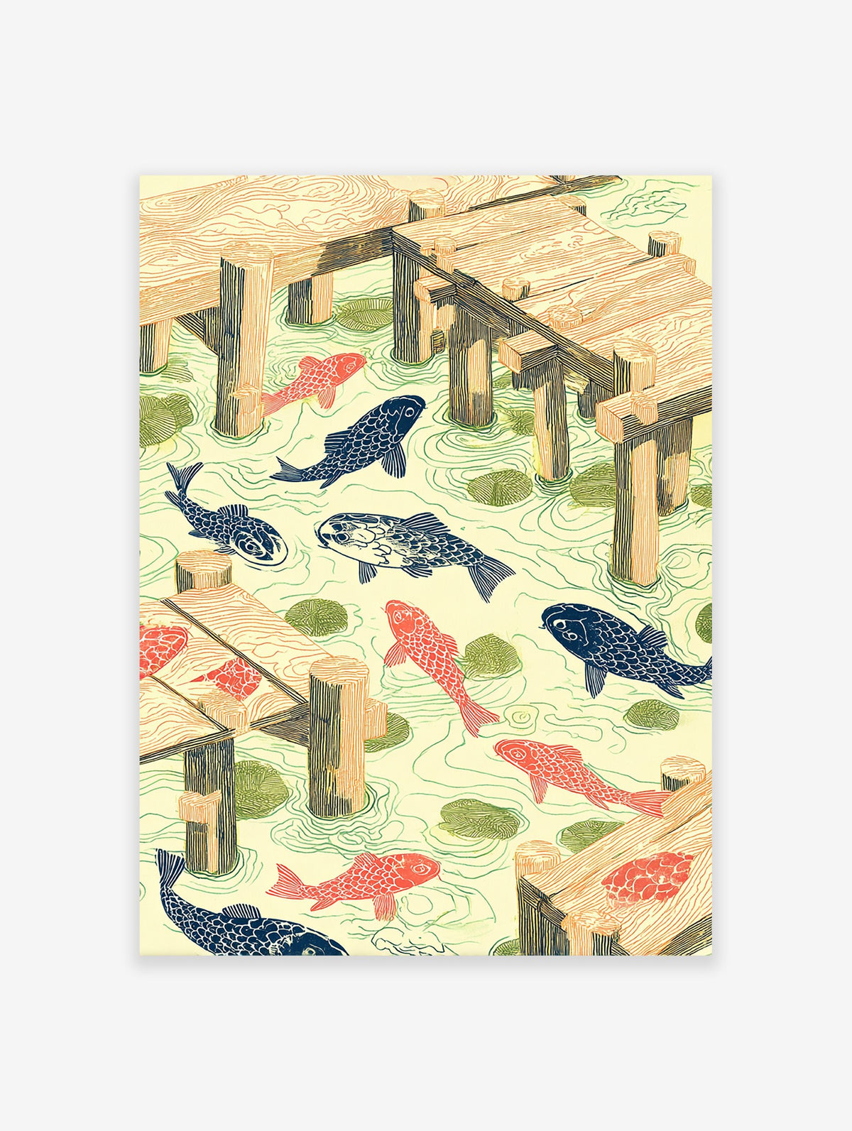 Woodcut style Koi Pond Wall Art with orange and blue fish, green lily pads, and wooden docks in light yellow water.