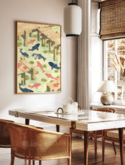 Woodcut style Koi Pond Wall Art with orange and blue fish, green lily pads, and wooden docks in light yellow water. - Image 2