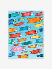 Pattern of colourful Japanese Koinobori carp streamers on a light blue background, illustrative wall art print