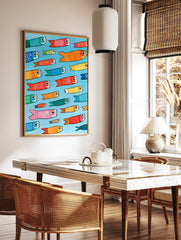 Pattern of colourful Japanese Koinobori carp streamers on a light blue background, illustrative, in a styled room mockup