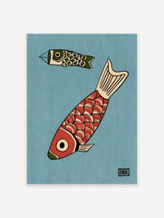 Illustrative Koinobori wall art print featuring red and green Japanese carp streamers on a blue background
