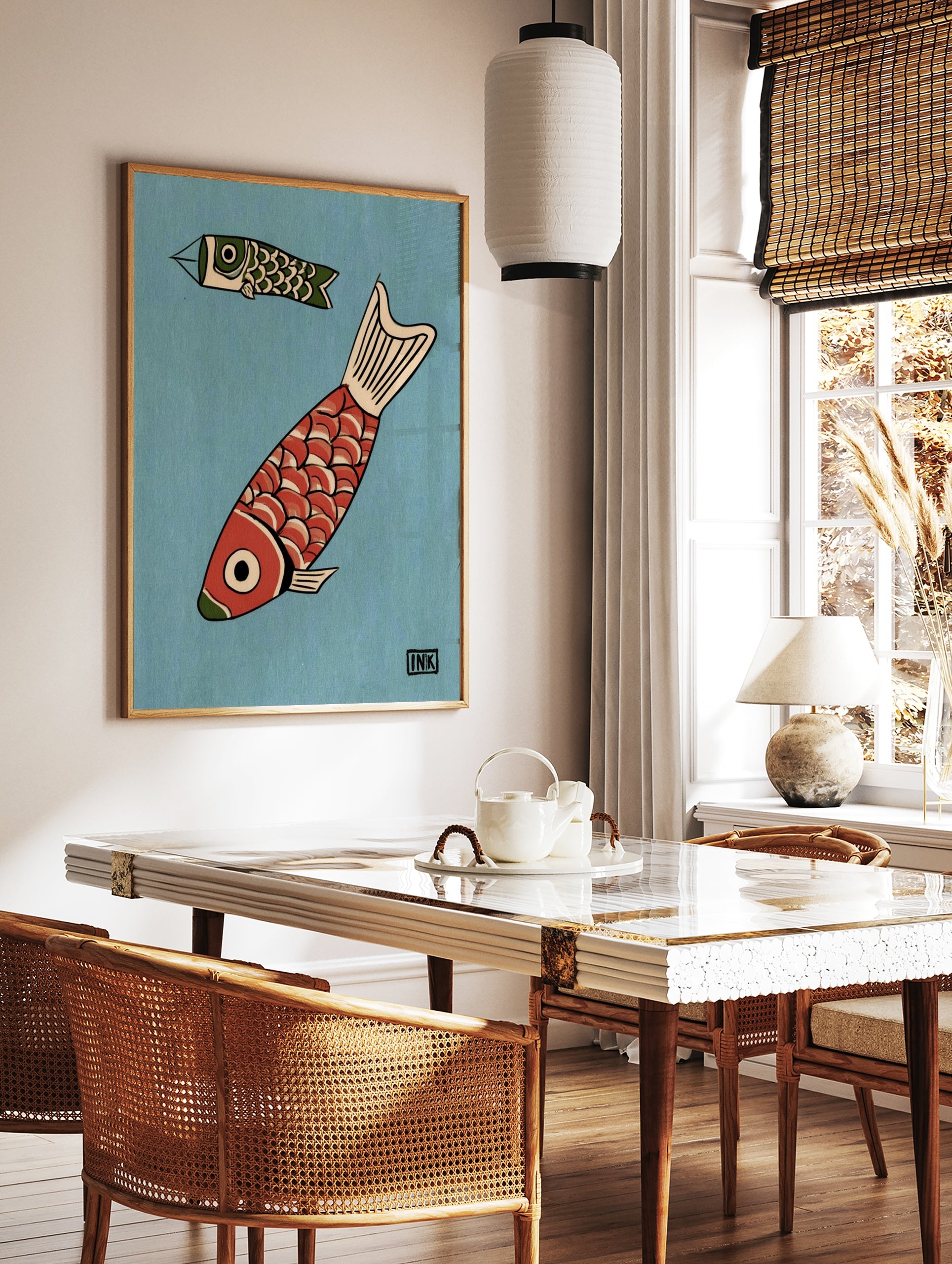 Illustrative Koinobori wall art print featuring red and green Japanese carp streamers on a blue, in a styled room mockup