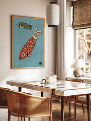 Illustrative Koinobori wall art print featuring red and green Japanese carp streamers on a blue, in a styled room mockup