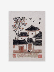 Woodcut print of a traditional Korean village with Hanok houses, a tree with red leaves, black cat, and flying birds.