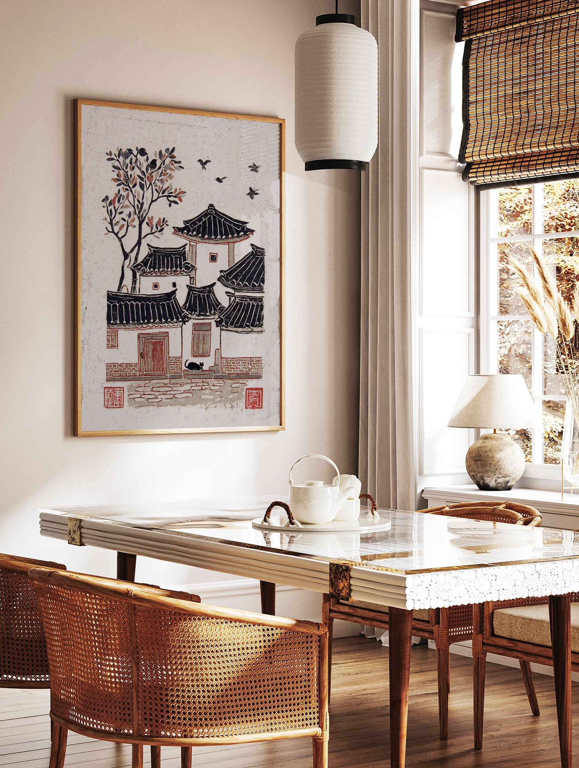 Woodcut print of a traditional Korean village with Hanok houses, a tree with red leaves, black cat, and flying birds. - Image 3