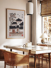 Woodcut print of a traditional Korean village with Hanok houses, a tree with red leaves, black cat, and flying birds. - Image 3