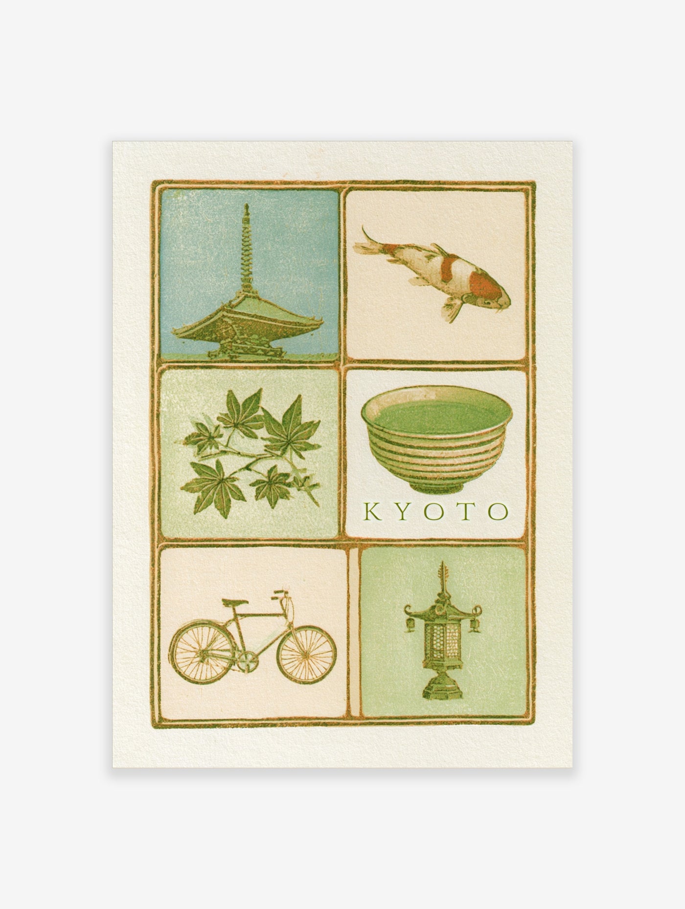 Kyoto grid wall art featuring a pagoda, koi, tea bowl, bicycle, and lantern illustrations on a soft-toned background