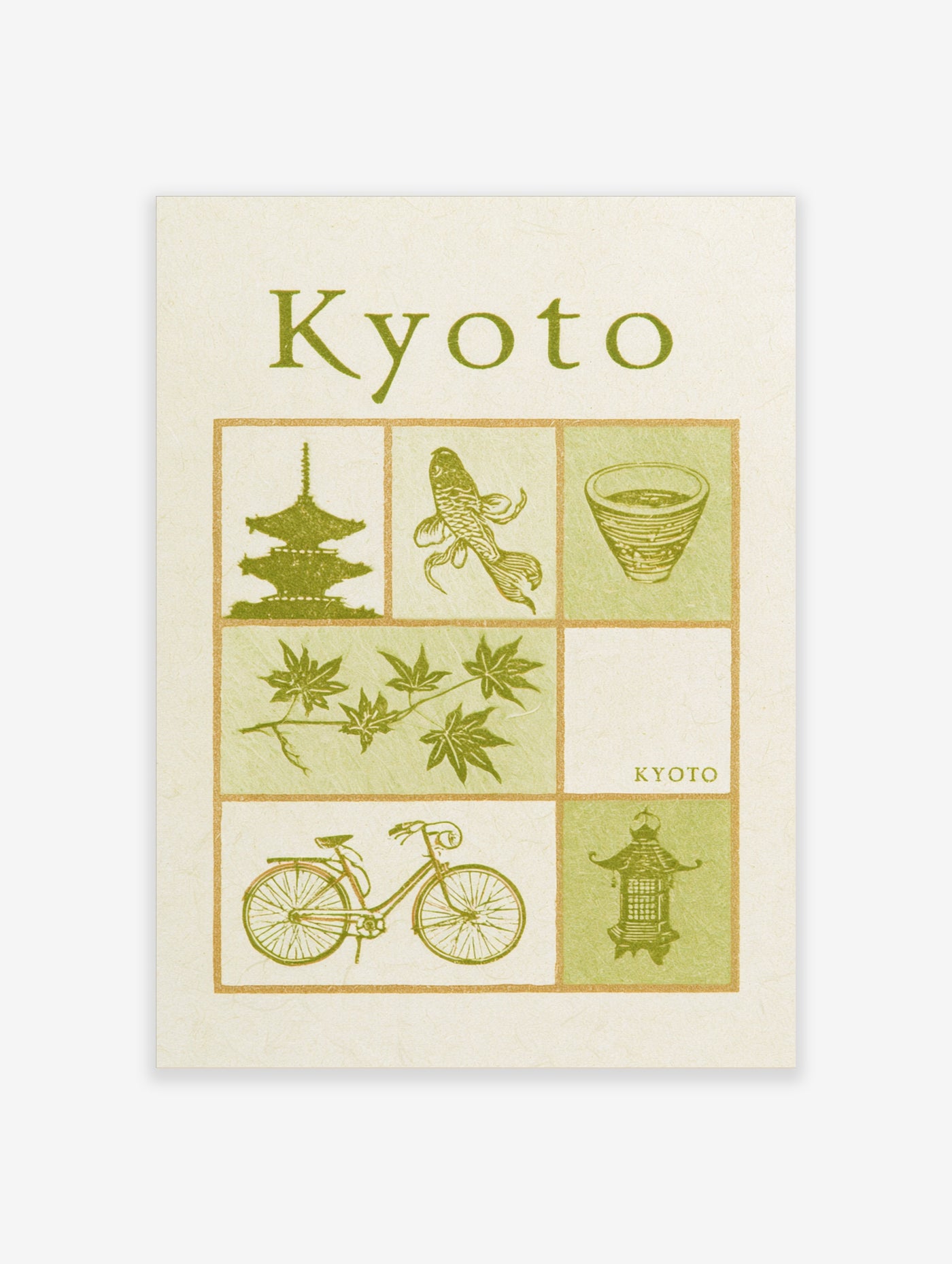 Kyoto wall art print featuring a grid of Japanese icons including a pagoda, koi, tea cup, and lantern in green and beige