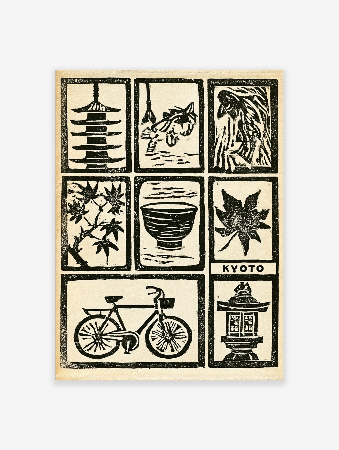 Kyoto grid print featuring pagoda, koi fish, maple leaf, tea bowl, bicycle, and stone lantern in black woodblock style