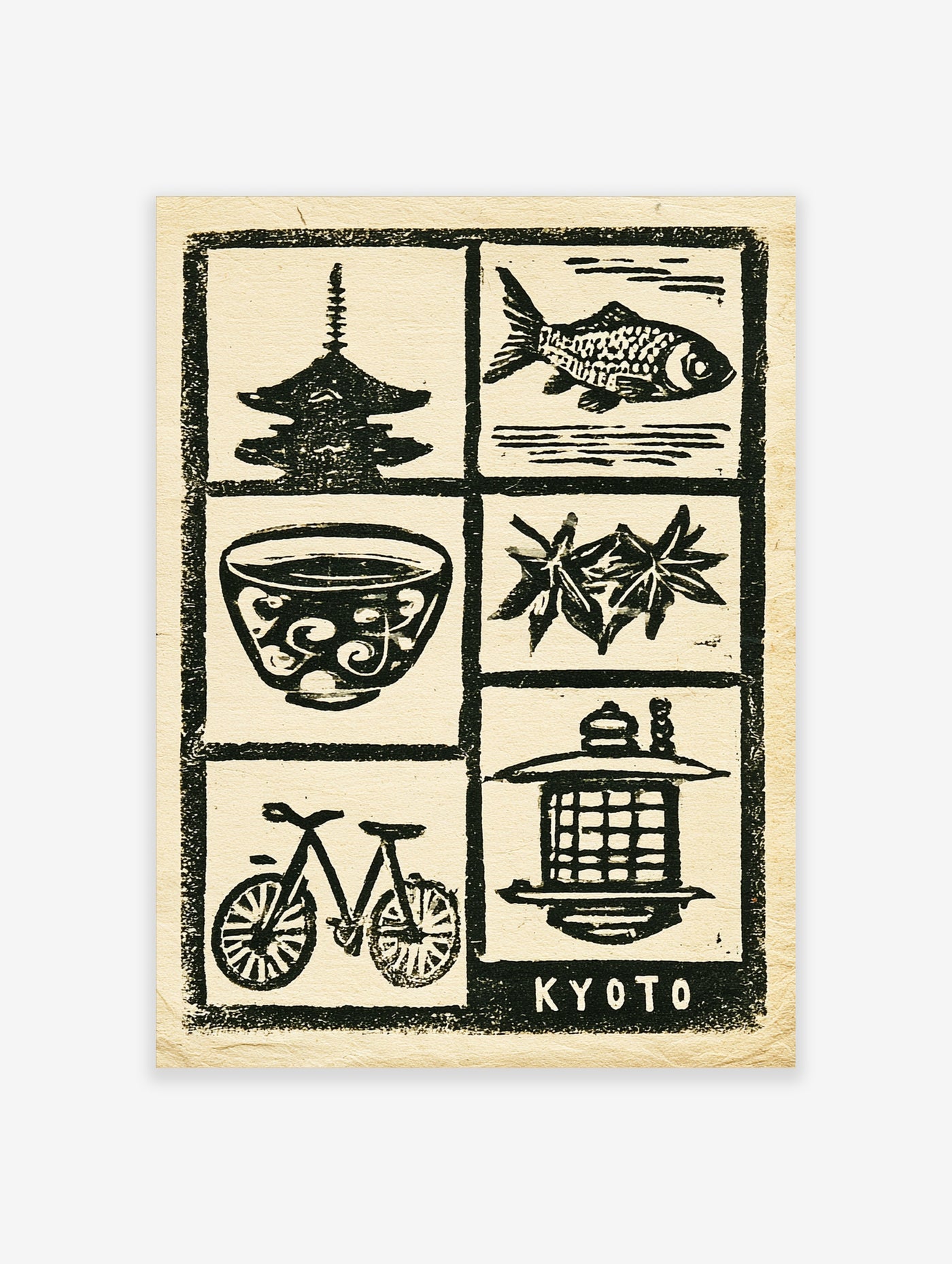 Black and white Kyoto art print featuring icons of a pagoda, fish, tea bowl, maple leaves, bicycle, and lantern