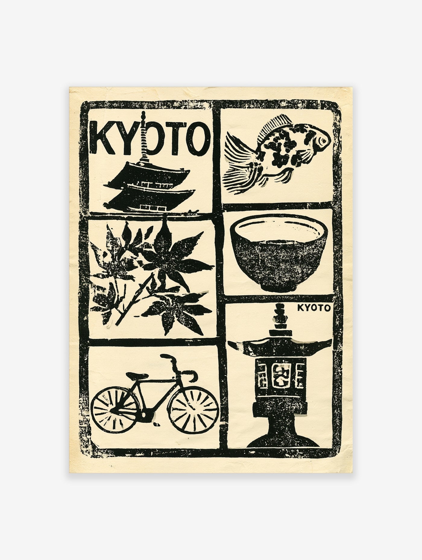 Monochromatic Kyoto travel art print featuring a pagoda, goldfish, maple leaves, and lantern icons on a white background