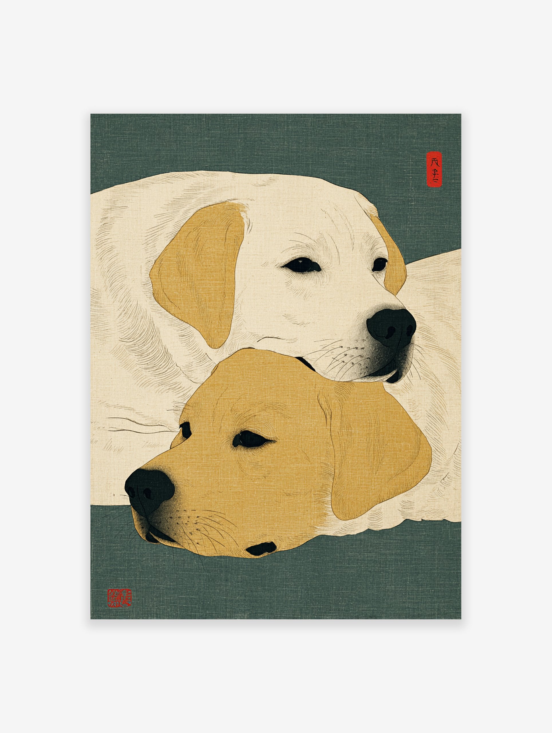 Japanese Ukiyo-e style Labrador dog art print featuring one cream and one golden Lab on a teal textured background.