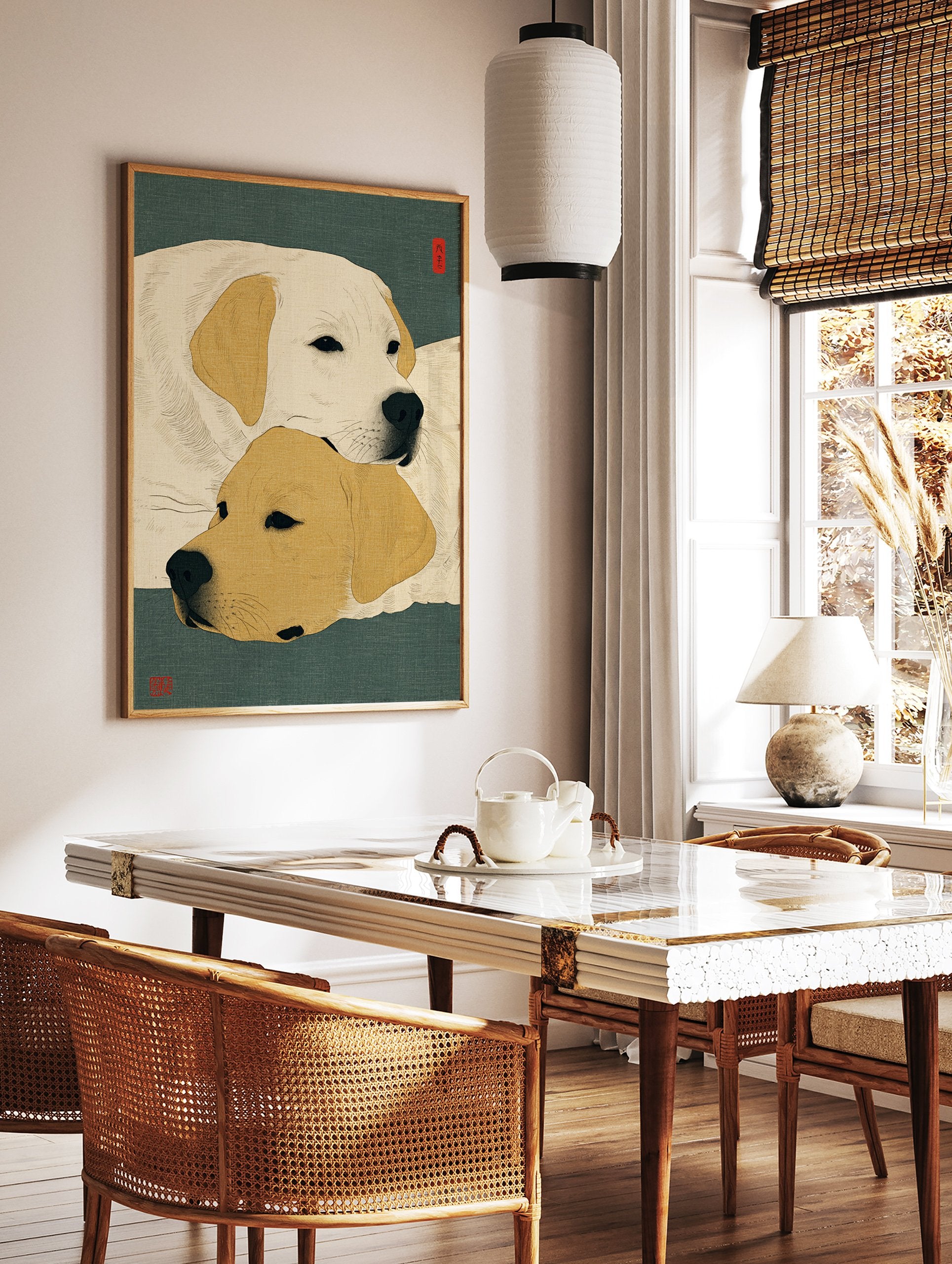 Japanese Ukiyo-e style Labrador dog art print featuring one cream and one golden Lab on a teal textured background. - Image 2