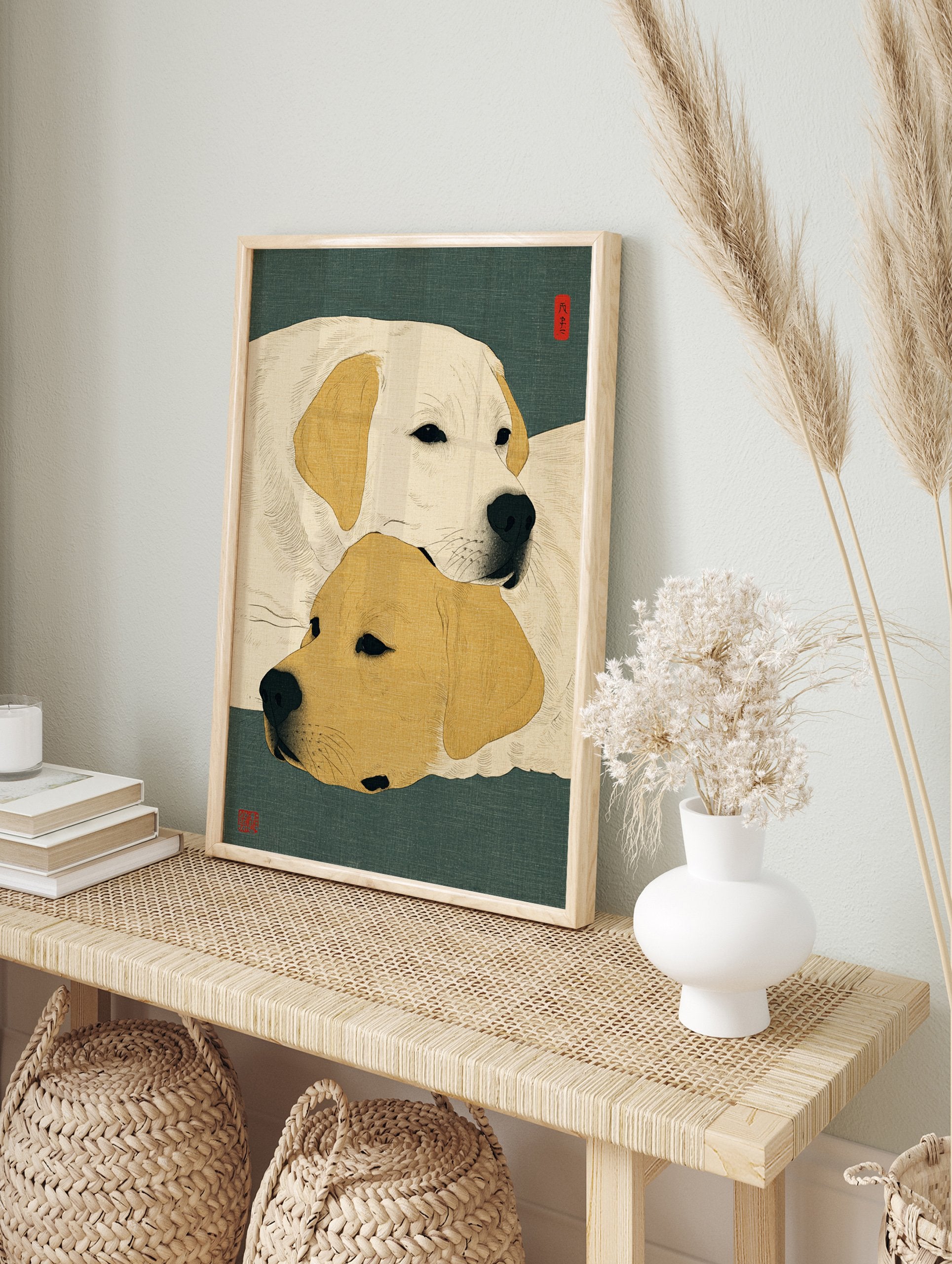 Japanese Ukiyo-e style Labrador dog art print featuring one cream and one golden Lab on a teal textured background. - Image 3