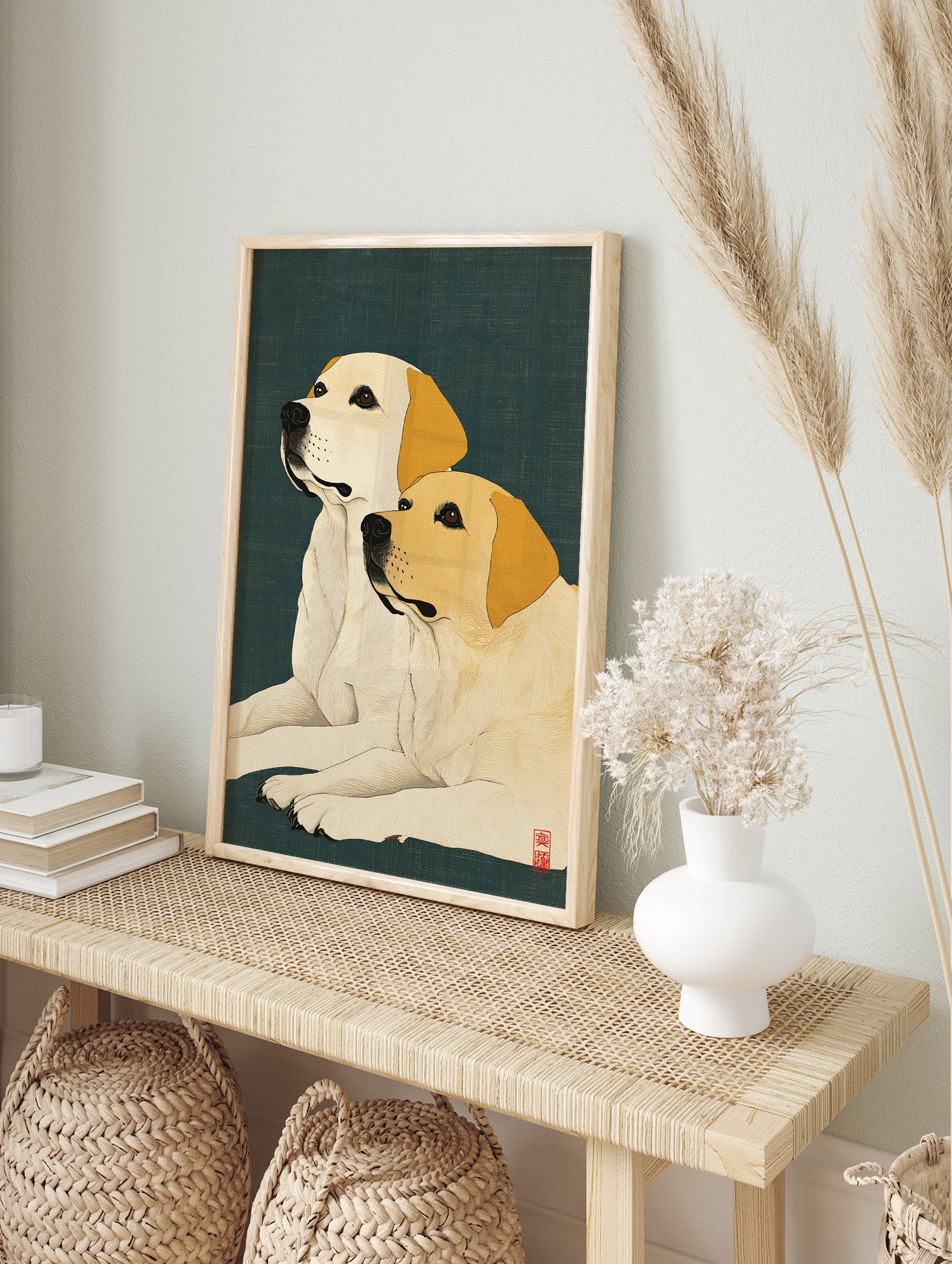 Two cream Labrador dogs in a Japanese style illustration art print on a dark green background. Perfect Labrador Wall Art. - Image 3