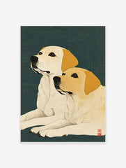 Japanese Ukiyo-e style illustration of two cream Labrador dogs looking up against a dark teal textured background, Labrador wall art.